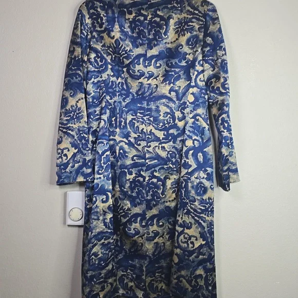 Carla Zampatti Blue and Gold Padded Shoulder Knee Lenght Coat 100% Silk  Size 10 - Picture 7 of 7